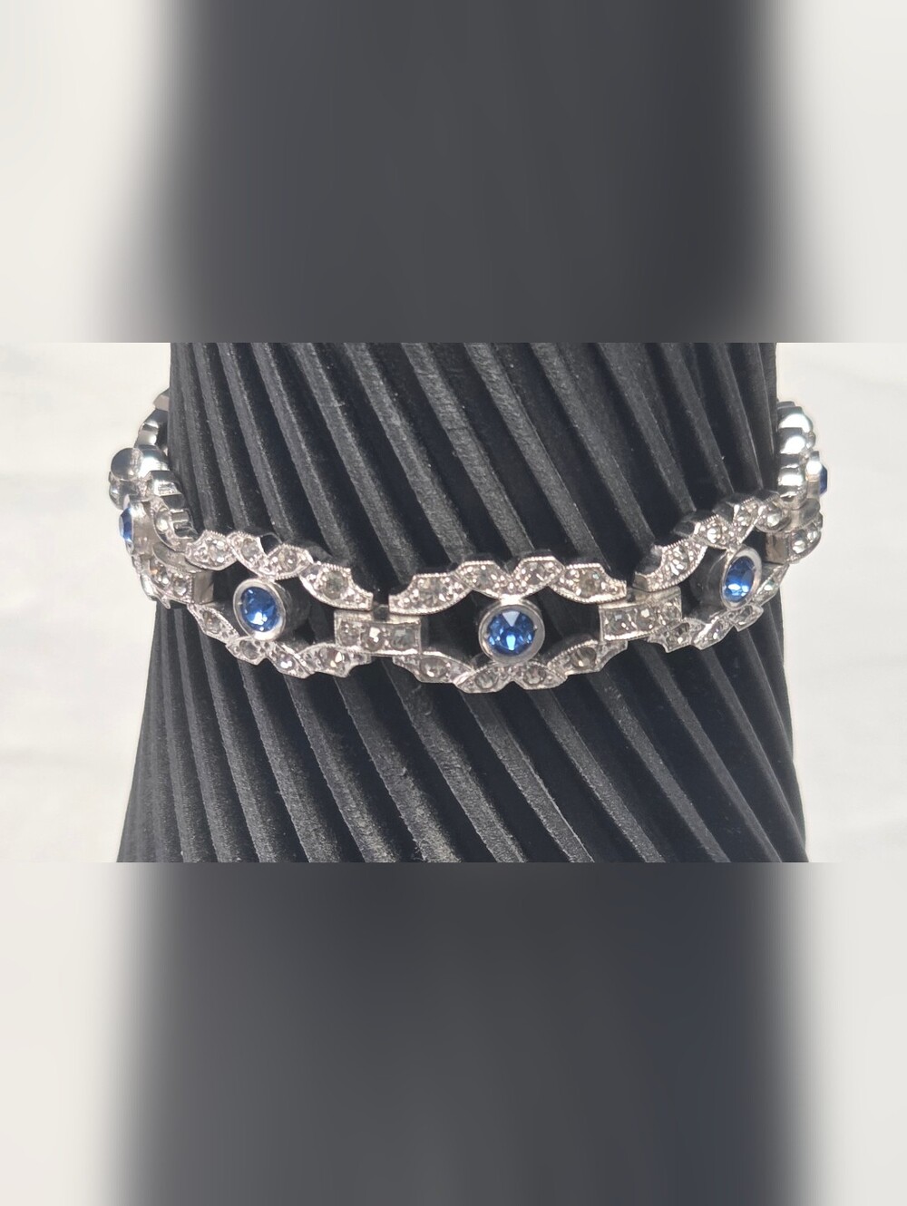 Engel Brothers - EB Vintage Blue Rhinestone Silver Link Bracelet Signed